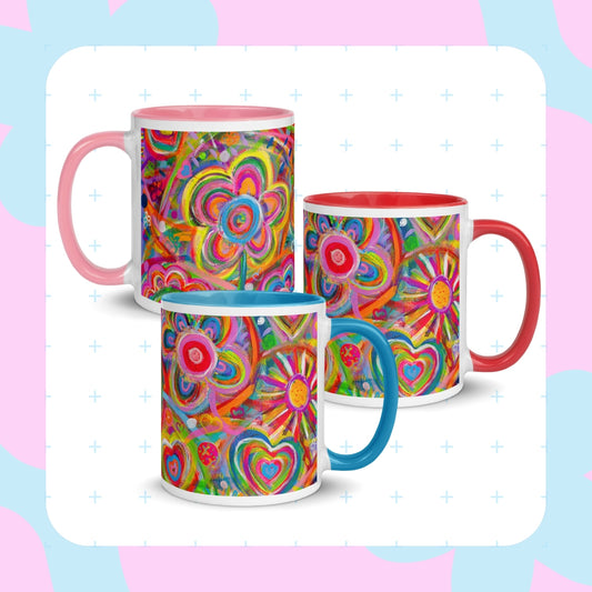 Three Love in Neon Mugs by My Favourite Colour is Rainbow featuring my Love in Neon painting with bold floral and heart patterns. Each mug has a unique handle colour—pink, red, and blue.