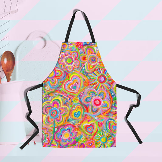 The Love in Neon Apron by My Favourite Colour is Rainbow, features vibrant floral and heart designs.  It has black ties. Ideal for cooking tasks, the scene features visible utensils and a cutting board on the left.