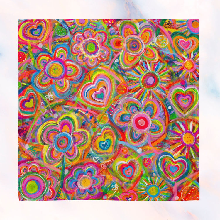 The Mixed Set of 4 Art Napkins by My Favourite Colour is Rainbow showcases an intricate, colorful design with vibrant, abstract floral and heart motifs in pink, orange, yellow, and blue, offering a lively dining upgrade.