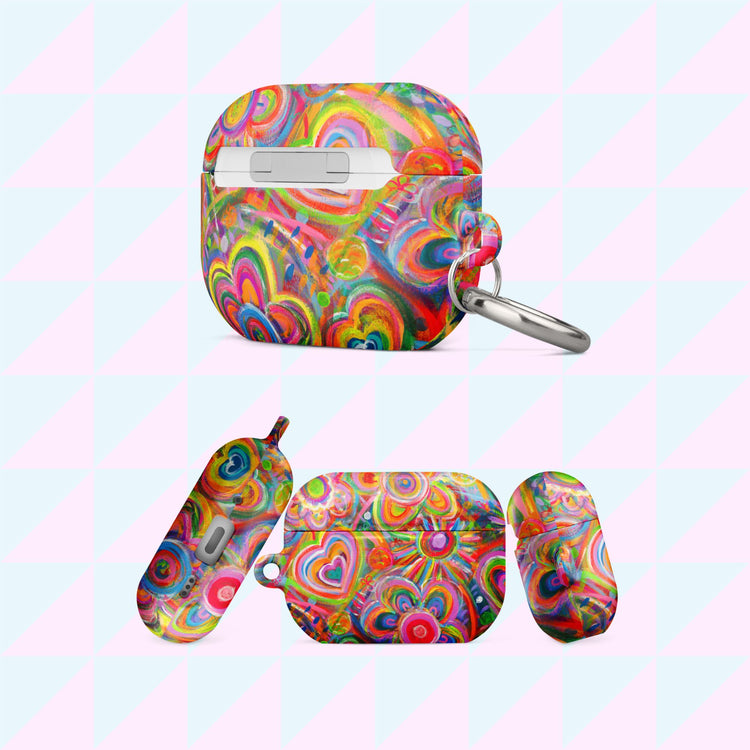 Photos showing various angles of the Love in Neon AirPods Pro Case by My Favourite Colour is Rainbow, on a pastel background. The design on the Airpods case  features vibrant heart patterns and swirling rainbow designs. Each case is made of impact-absorbing materials and includes a silver keychain attachment. 