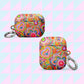 The Love in Neon AirPods case by My Favourite Colour is Rainbow features vibrant heart patterns and swirling rainbow designs. Each case is made of impact-absorbing materials and includes a silver keychain attachment.  It is shown on a pastel background.  This graphic shows both the Airpods and Airpods Pro designs.