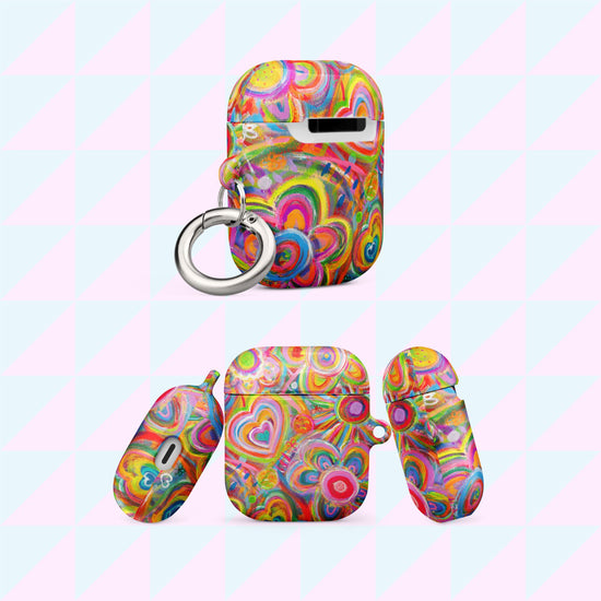 Photos showing various angles of the Love in Neon AirPods Case by My Favourite Colour is Rainbow, on a pastel background. The design on the Airpods case  features vibrant heart patterns and swirling rainbow designs. Each case is made of impact-absorbing materials and includes a silver keychain attachment. 