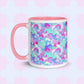 The Pastel Rainbow Mug by My Favourite Colour is Rainbow features soft watercolour rainbows in pink, blue, aqua and white. This version has a light pink handle and interior.