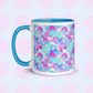 The Pastel Rainbow Mug by My Favourite Colour is Rainbow features soft watercolour rainbows in pink, blue, aqua and white. This version has a light blue handle and interior.