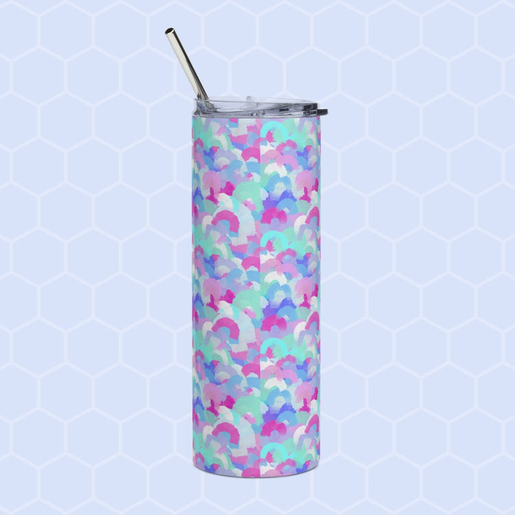 The My Favourite Colour is Rainbow Pastel Rainbow Stainless Steel Tumbler features abstract pastel shapes in pink, blue, purple, and green hues on a light blue honeycomb-patterned background. It includes a lid and sleek metal straw for reusable convenience.