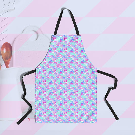 The Pastel Rainbow Apron by My Favourite Colour is Rainbow features a soft pastel pattern of blue, pink, and white rainbow shapes. With contrasting black straps, its paired with a white container holding wooden utensils and a cutting board in the background.