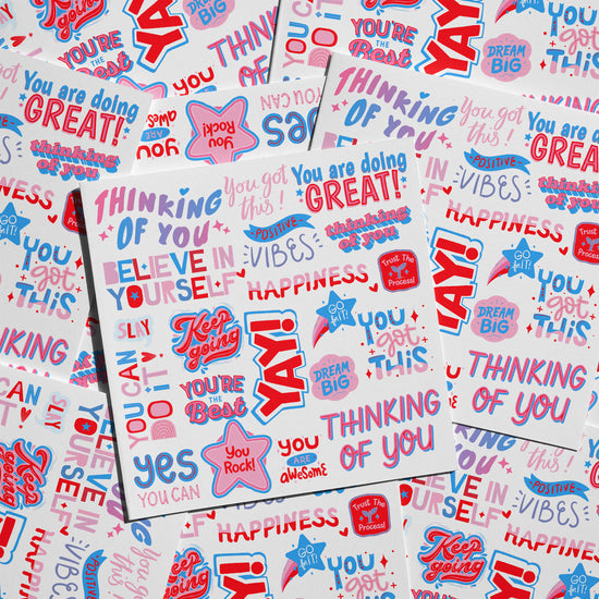 The Pep Talk Greeting Card by My Favourite Colour is Rainbow features a vibrant collage of motivational phrases like You Got This, Dream Big, and Keep Going in lively red, blue, and pink fonts on a white background.