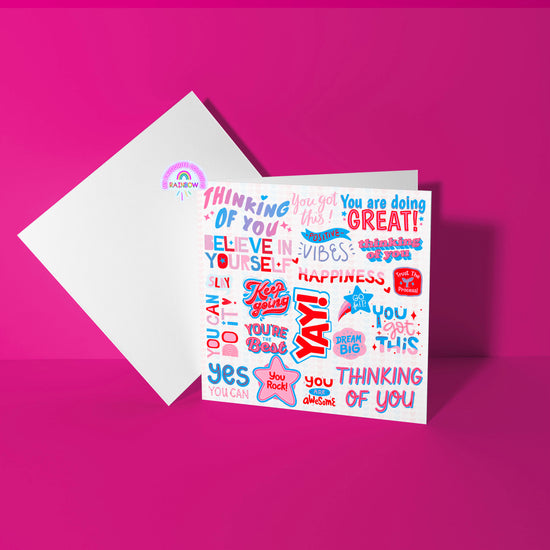 The Pep Talk Greeting Card by My Favourite Colour is Rainbow is set on a pink background, full of motivational phrases like Thinking of you, You got this, and more. Accompanied by a white envelope, it radiates good vibes and joy.