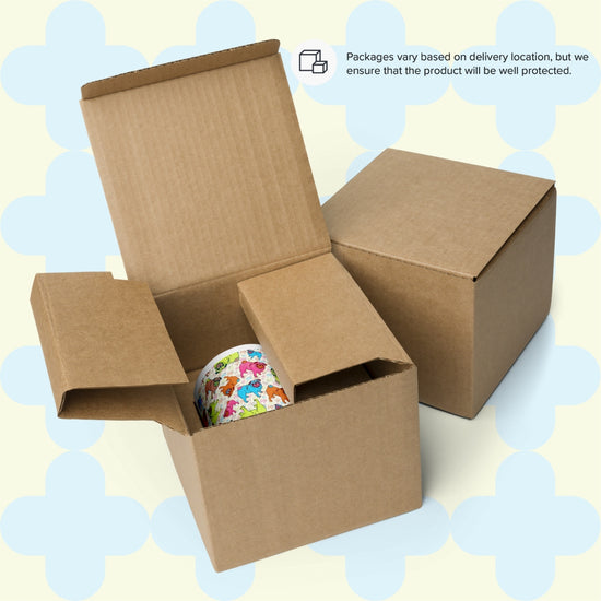 Two cardboard boxes.  One is open and reveals a colourful Pugalicious Mug by My Favourite Colour is Rainbow.   The other is closed.  Text reads, Packaging varies by location, but we ensure the product will be well protected.