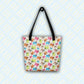 The Pugalicious Tote Bag by My Favourite Colour is Rainbow is showcased on a light blue background with yellow diagonal lines.  The tote features black handles and a stylish cartoon-style pug pattern in pink, blue, green, red, and brown.