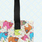 Close-up of the Pugalicious Tote Bag by My Favourite Colour is Rainbow, showing the sturdy black handle and colourful pug pattern in pink, green, blue, and orange.