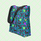 The Silly Sausages Tote Bag by My Favourite Colour is Rainbow features a fun pattern of black-and-pink dachshunds wearing green and purple jumpers on a dark teal background.  It has sturdy black handles.