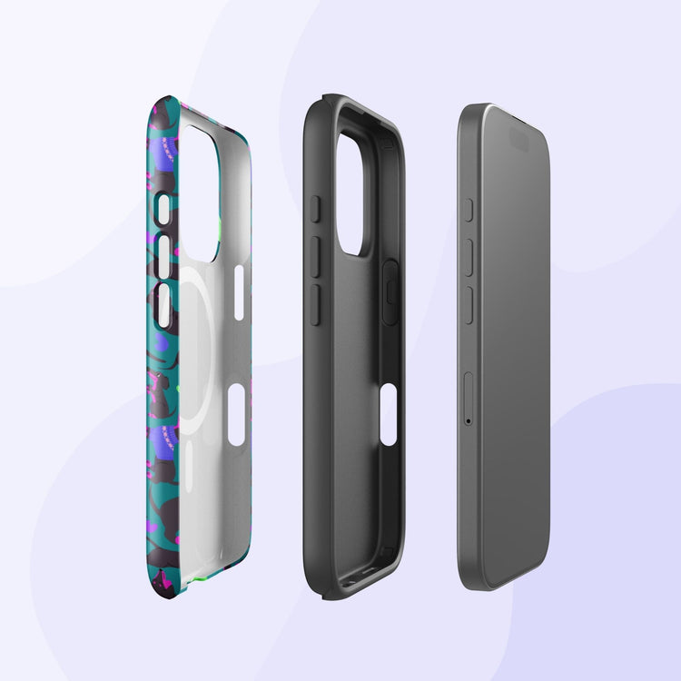 Three smartphone cases are displayed vertically: a colorful abstract design, the Silly Sausages MagSafe black case from My Favourite Colour is Rainbow, and a sleek gray case with minimal buttons, all on a light background.