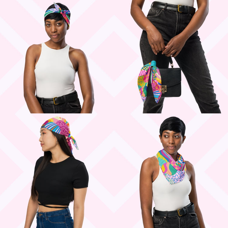 Four images feature the Squiggs and Stripes Bandana by My Favourite Colour is Rainbow styled as a headband, tied to a handbag, worn as a head wrap, and draped as a neck scarf. Models in casual outfits highlight these colourful accessories.  The bandana features a colourful abstract design with circles, waves, stripes, and checkered patterns in pink, blue, green, yellow, and orange. 