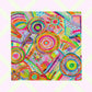 The Summer Sorbet Bandana by My Favourite Colour is Rainbow features a colorful abstract design with swirling circles and geometric shapes in hues of pink, yellow, blue, green, orange, and red. 