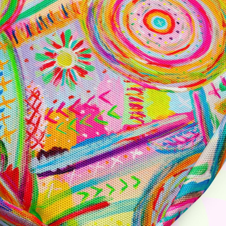 The Summer Sorbet Mini Crossbody Bag by My Favourite Colour is Rainbow features a vibrant abstract print, showcasing lively swirls, zigzags, and circular patterns in bright pinks, greens, yellows, and blues.