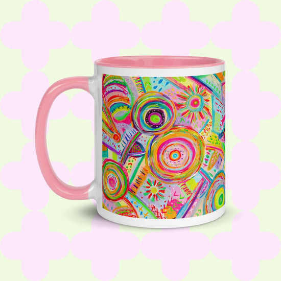 The Summer Sorbet Mug by My Favourite Colour is Rainbow features my Summer Sorbet painting: a vibrant abstract pattern of circles and swirls in bright colours.  This version has a pink handle, and interior. 