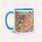 The Summer Sorbet Mug by My Favourite Colour is Rainbow features my Summer Sorbet painting: a vibrant abstract pattern of circles and swirls in bright colours.  This version has a light blue handle, and interior. 