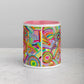 The Summer Sorbet Mug by My Favourite Colour is Rainbow features abstract geometric designs with circles, lines, and bright colors like pink, green, yellow, and blue. The interior is solid pink. Its displayed on a light gray surface against a plain background.