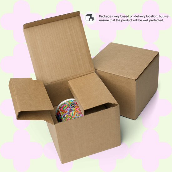 Two cardboard boxes on a light purple and green background. One box reveals a Summer Sorbet Mug by My Favourite Colour is Rainbow inside. A caption above reads, Packaging varies with delivery location, but we ensure the product will be well protected.