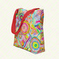 The Summer Sorbet Tote Bag by My Favourite Colour is Rainbow features my Summer Sorbet painting: vibrant abstract designs of circles and geometric shapes in bright pink, orange, blue, and green. This version features red handles.