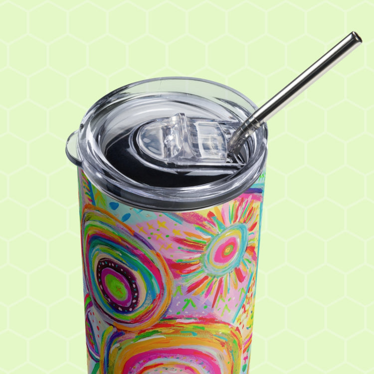 Check out the Summer Sorbet Stainless Steel Tumbler by My Favourite Colour is Rainbow. This vibrant tumbler features abstract multicolored designs, comes with a metal straw, and complements a light green hexagonal background—ideal for your iced coffee moments.