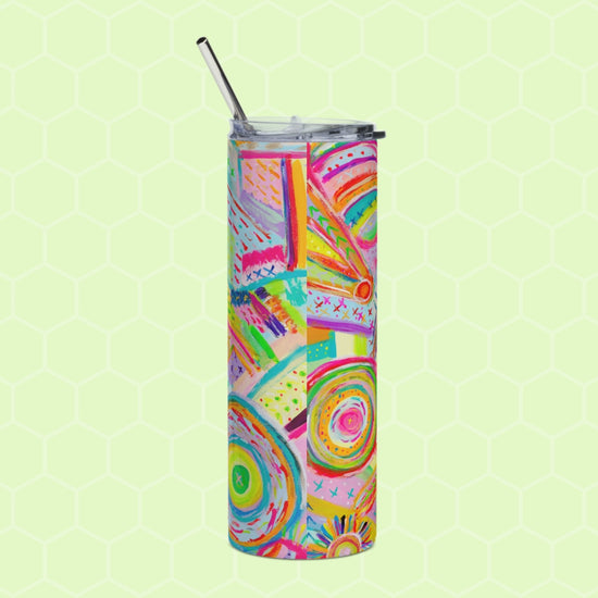 Enjoy the vibrant allure of the Summer Sorbet Stainless Steel Tumbler by My Favourite Colour is Rainbow. This tall tumbler with a clear lid and straw features an abstract design in neon hues on a hexagonal background, perfect for iced coffee on sunny days.