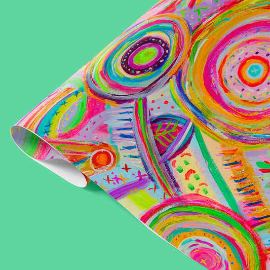 Summer Sorbet Wrapping Paper Sheets by My Favourite Colour is Rainbow showcases vibrant swirling circular patterns in neon pink, green, orange, and blue with layered textures and energetic brushstrokes against a bright backdrop.