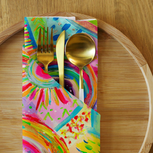 A gold fork, knife, and spoon are placed on a Summer Sorbet Cloth Napkin by My Favourite Colour is Rainbow. The abstract-patterned napkin and cutlery rest on a circular wooden tray.