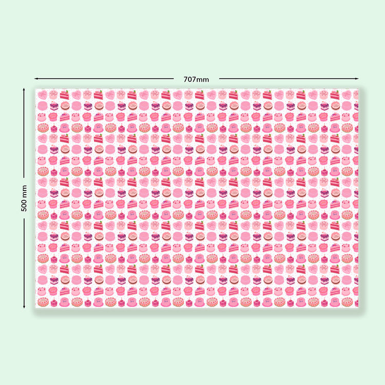 Sweet Treats Wrapping Paper Sheets by My Favourite Colour is Rainbow features  illustrations of decorated birthday cakes and desserts in shades of pink with green accents.  Dimensions: 707mm x 500mm.