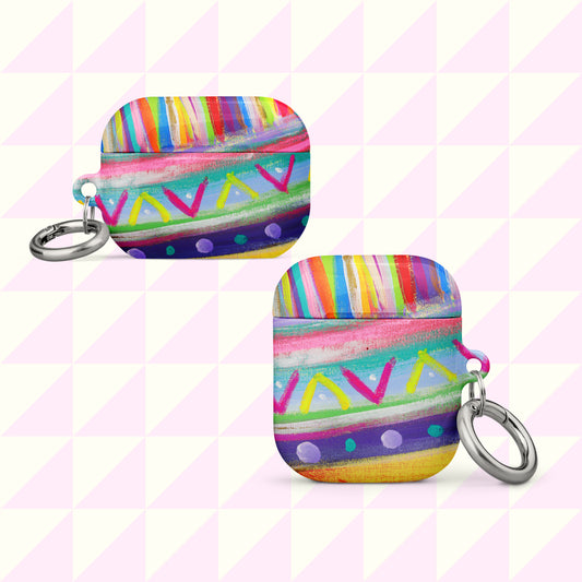 The Rainbow Connection AirPods Case by My Favourite Colour is Rainbow features abstract geometric patterns with rainbow hues of stripes and triangles. Each durable, impact-absorbing case includes a metal keychain ring. Shown on a pink and white geometric background.