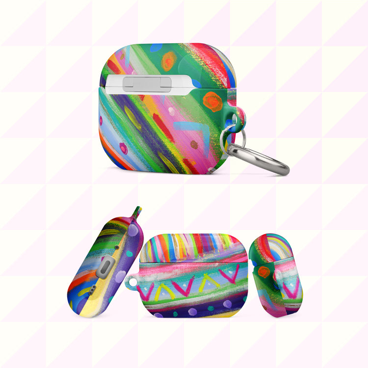 The Rainbow Connection AirPods Case by My Favourite Colour is Rainbow features  an abstract design of colourful green, pink, yellow, blue, and purple stripes, dots, and zigzags. Includes a keyring. Top image: closed case; bottom: side and front views.