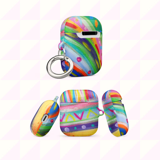 The Rainbow Connection AirPods Case by My Favourite Colour is Rainbow has a vibrant abstract design with swirls, dots, and stripes in blue, green, pink, purple, and yellow. It features impact absorption and includes a silver keyring. Shown from multiple angles.