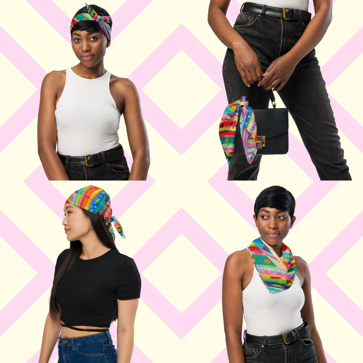 Four women show off the "The Rainbow Connection" Bandana by My Favourite Colour is Rainbow.  They style it as a headband, necktie, handbag accessory, and headwrap while in casual outfits.