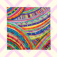 The Rainbow Connection Bandana by My Favourite Colour is Rainbow features vibrant abstract designs with curved lines in red, blue, yellow, green, and purple.