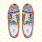 Unleash a colorful adventure with The Rainbow Connection Canvas Sneakers by My Favourite Colour is Rainbow, showcasing intricate geometric patterns in vibrant pink, orange, blue, green, and yellow with white laces and soles on a light backdrop adorned with pink diamond shapes.