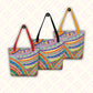 Three The Rainbow Connection Tote Bags by My Favourite Colour is Rainbow, featuring red, black, and yellow handles.  The bags feature abstract rainbow patterns and are displayed against a light background.