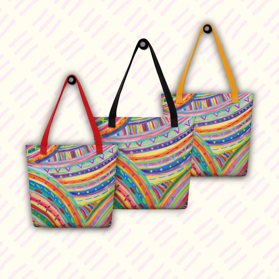 Three The Rainbow Connection Tote Bags by My Favourite Colour is Rainbow, featuring red, black, and yellow handles.  The bags feature abstract rainbow patterns and are displayed against a light background.