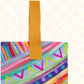 Close-up of The Rainbow Connection Tote Bag by My Favourite Colour is Rainbow showing the sturdy yellow handle. 
 The bag features vibrant stripes, zigzags, and dots in pink, blue, yellow, green, and purple.