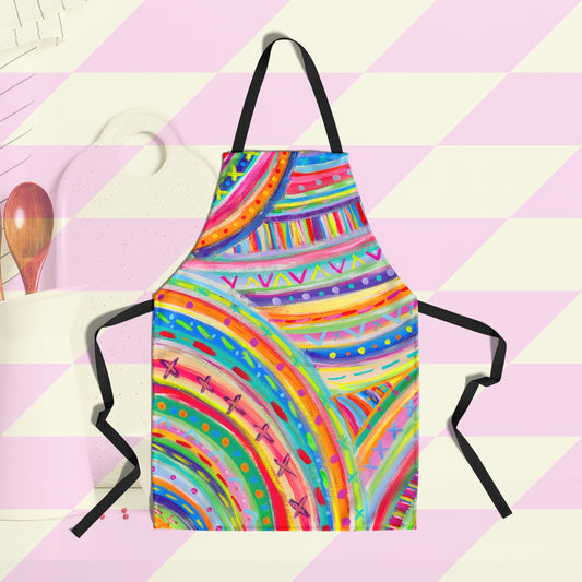 The Rainbow Connection Apron by My Favourite Colour is Rainbow features vibrant abstract patterns with swirls, dots, and crosses in pink, blue, yellow, and green.  A white utensil container, wooden spoon and chopping board are in the background.